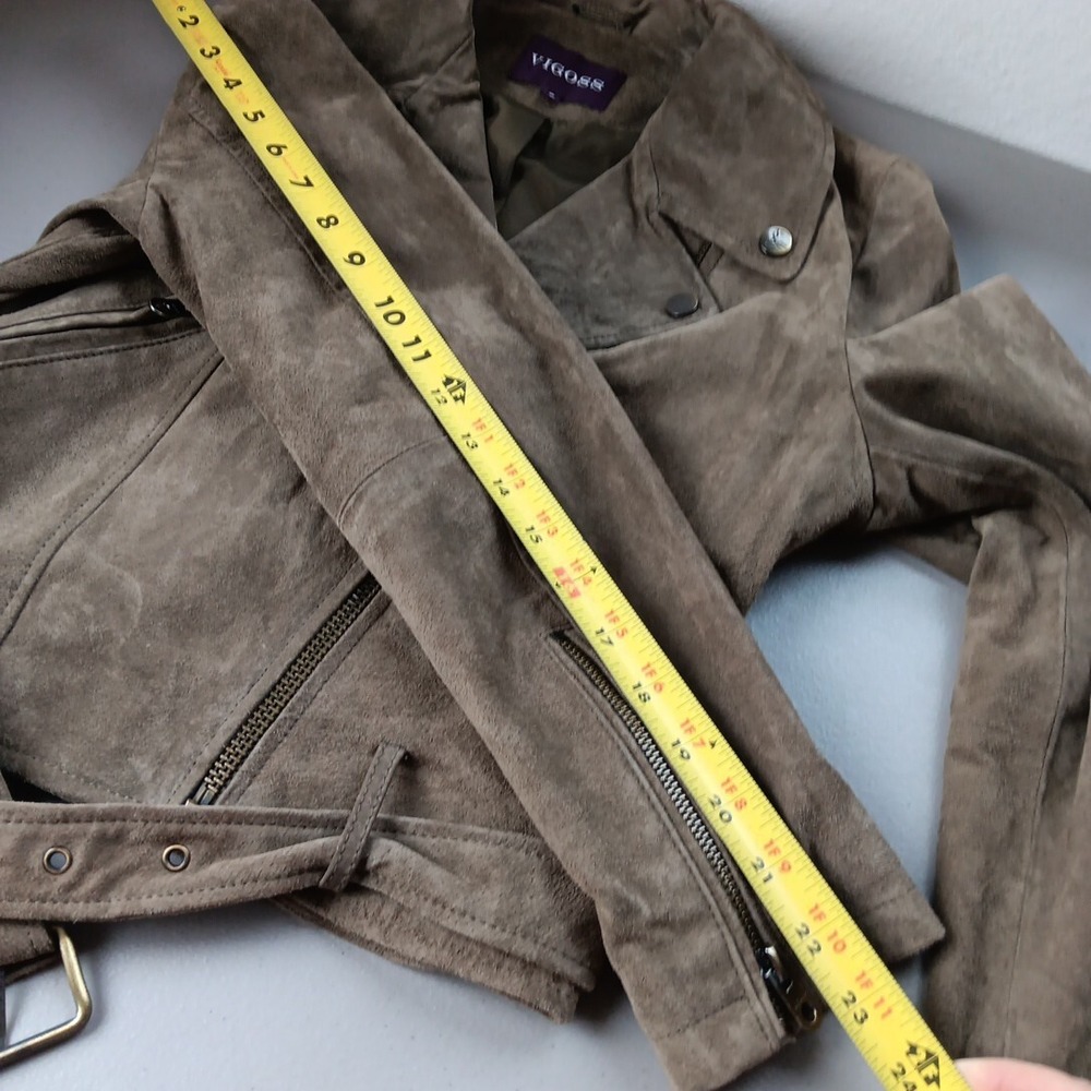Suede Jacket Womens SMALL Moto Beige Taupe Rock Y2K‎ Leather Khaki Grunge Biker - Picture 14 of 14